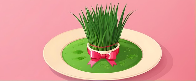 Psd celebrate happy nowruz fresh and festive wheatgrass un piatto legato con un nastro rosso