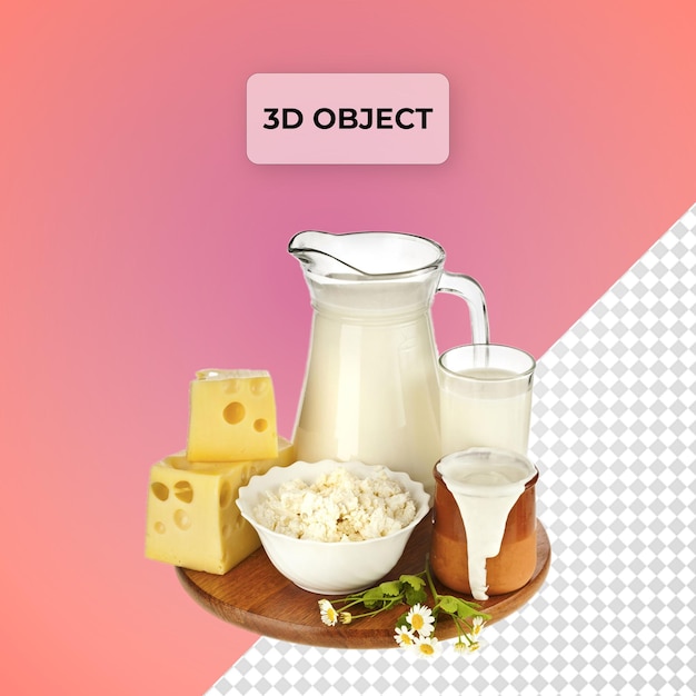 PSD 透明な背景の茶色の木製のトレイで提供されるpsdチーズとミルク