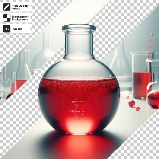 Psd chemical laboratory glassware with red liquid on transparent background with editable mask layer