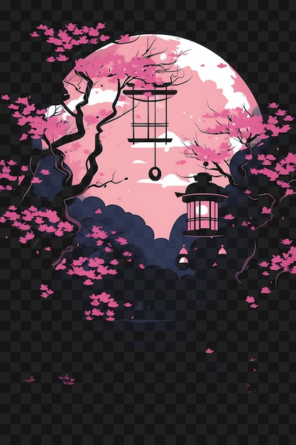 Psd of cherry blossom garden at night with lanterns delicate pink a template clipart tattoo design