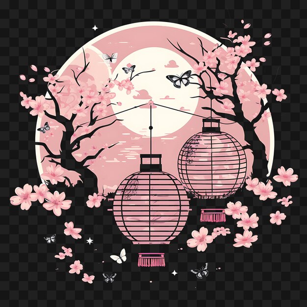 PSD psd of cherry blossom garden with butterflies lanterns delicate pin template clipart tattoo design