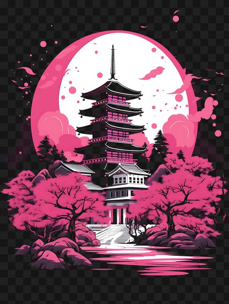 PSD psd of cherry blossom garden with a pagoda pink cherry blossoms vib template clipart tattoo design