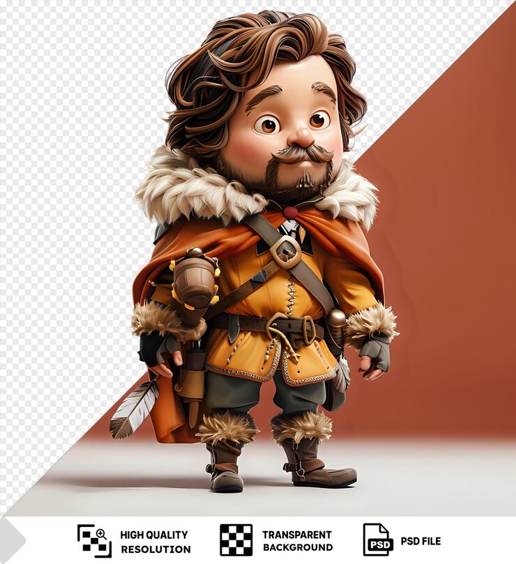 PSD psd chibi samuel de champlain the explorer with tiny fur pelts wearing a leather and brown belt stands in front of a red and orange wall he has brown hair a