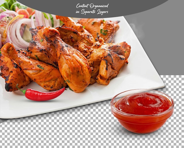 PSD psd chicken bbq kebab in a plate isolated on transparent background