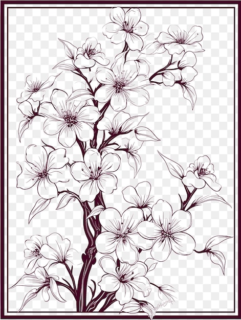 PSD psd di chinese blossom frame con delicati fiori di ciliegio e t-shirt tattoo art outline ink