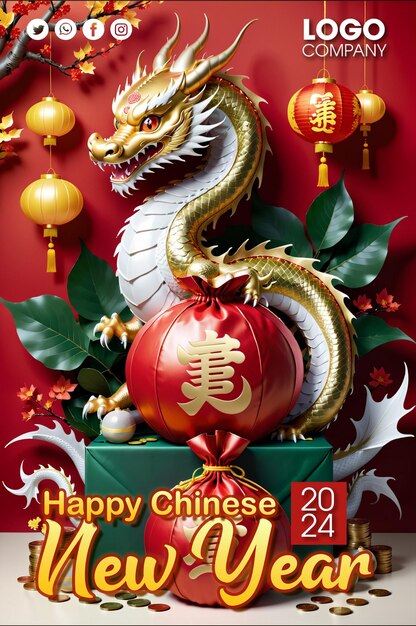 Psd chinese new year 2024 the dragon asian china 3d on red background