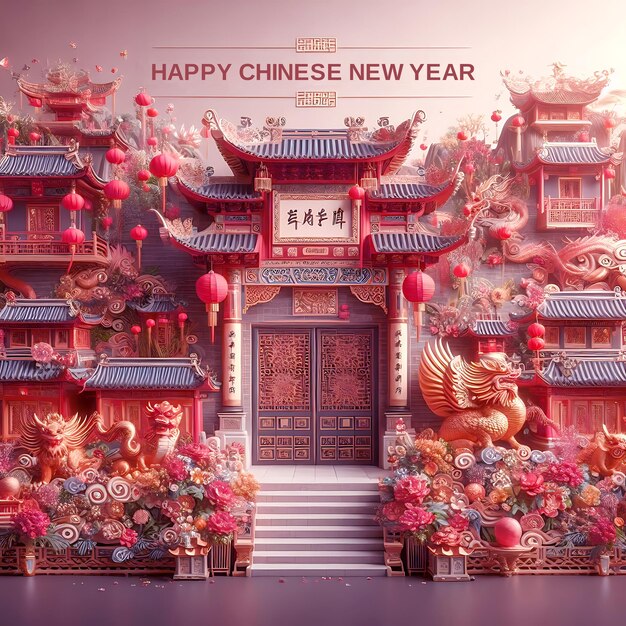 PSD Chinese New Year festival celebration illustration with Sakura tree and lantern decoration