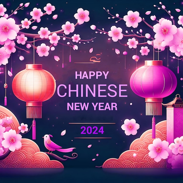 Psd chinese nieuwjaarsfeest viering illustratie met sakura boom en lantaarn decoratie