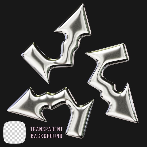 Psd chrome arrows y2k abstract shape 3d rendering on transparent background