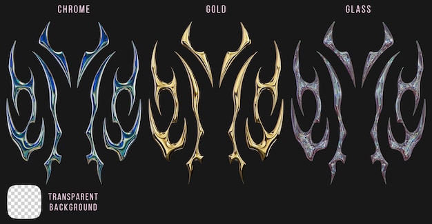 Psd chrome metal and gold and glass shape y2k tribal 3d rendering