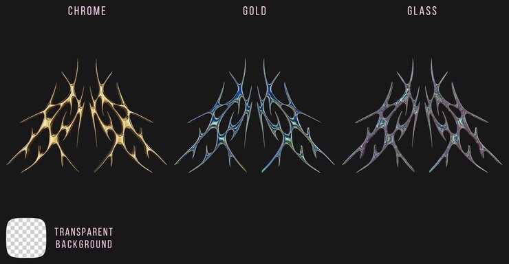 PSD psd chrome metal and gold and dispersion glass y2k abstract tribal tattoo shapes 3d rendering