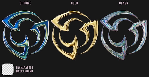 Psd chrome metal and gold and dispersion glass y2k abstract tribal tattoo shapes 3d rendering