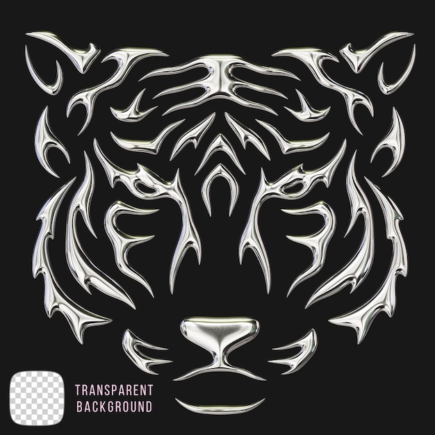 Psd chrome tiger head 3D render on transparent background
