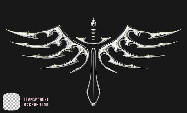 Psd chrome winged sword 3D render on transparent background