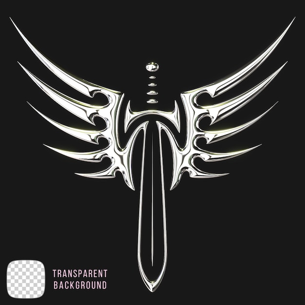 Psd chrome winged sword 3D render on transparent background