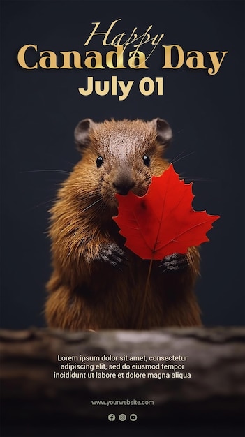 Psd крупный план канадского бобра, празднующего день канады красный кленовый лист плакат ко дню канады