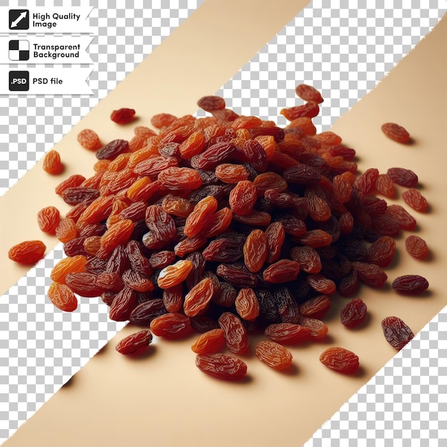 PSD close up of raisins on transparent background