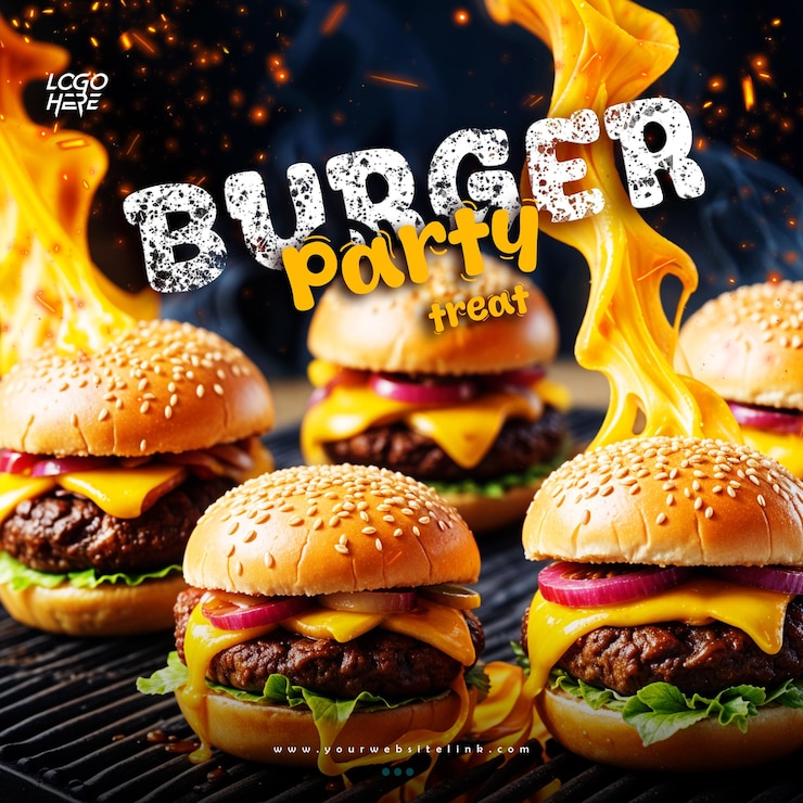 PSD psd closeup bbq burgers on fire template for social media posters and banners