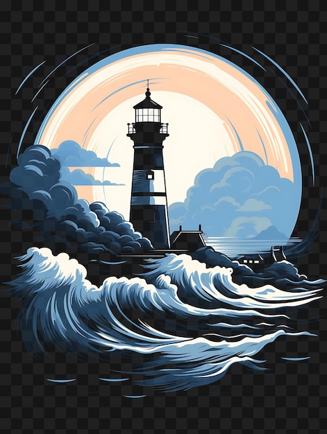 PSD psd of coastal lighthouse with crashing waves cool blues and whites template clipart tattoo design