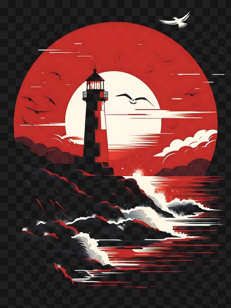 PSD psd of coastal lighthouse with seagulls crashing waves bright red a template clipart tattoo design