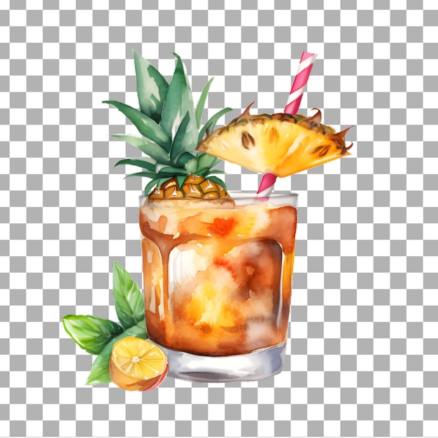 PSD cocktail glass with leaf on transparent background