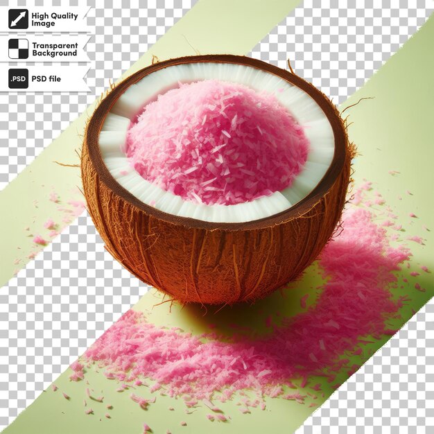 Psd кокосовый орех с розовыми стружками на прозрачном фоне