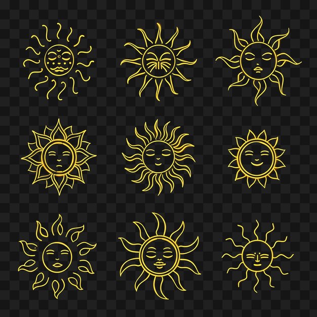 PSD psd of collection of sun icons with gentle neon effect in radi outline y2k transparent tshirt web