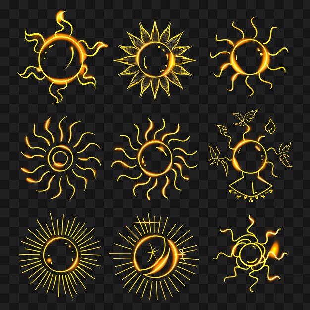 PSD psd of collection of sun icons with gentle neon effect in radi outline y2k transparent tshirt web