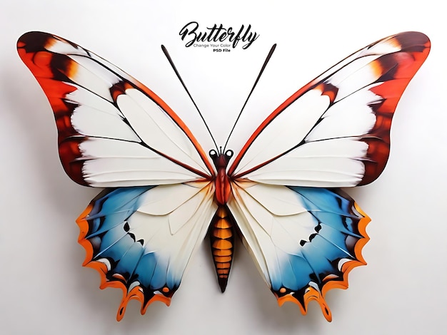 PSD farfalle colorate psd con ali trasparenti luccicanti sedute sullo sfondo bianco