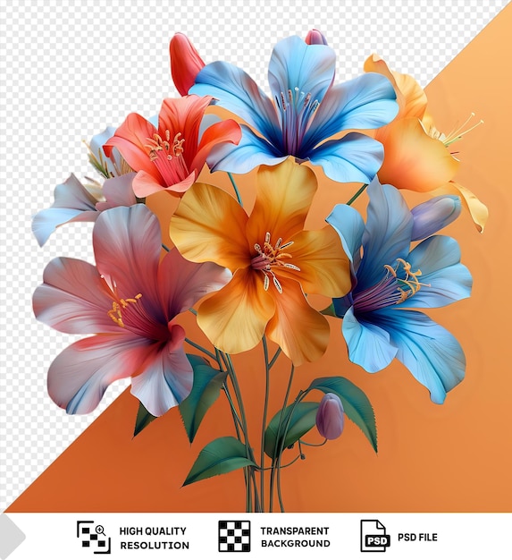 PSD fiori colorati in un vaso di vetro trasparente, compresi fiori rosa, blu, gialli e arancione con gambi e foglie verdi su uno sfondo arancione