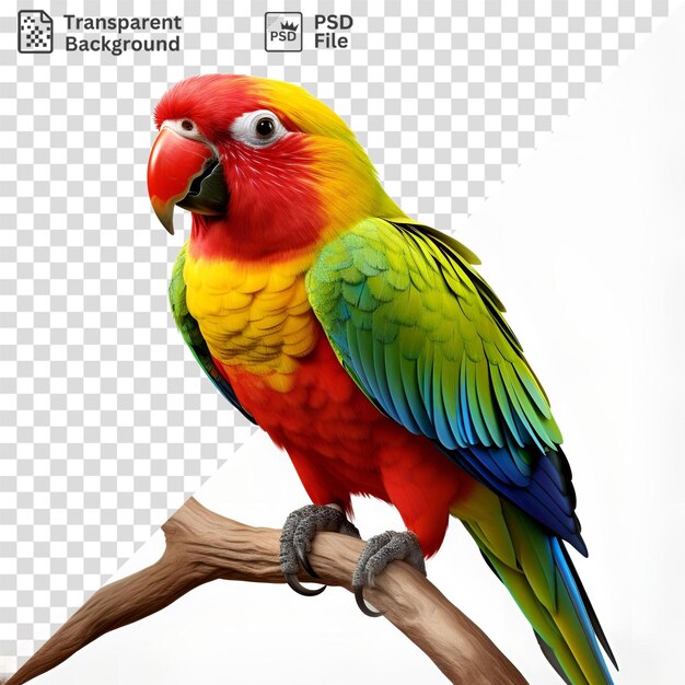 PSD psd un pappagallo colorato con un becco nero occhi bianchi e testa rossa si trova su un ramo mostrando le sue vibranti ali verdi e blu