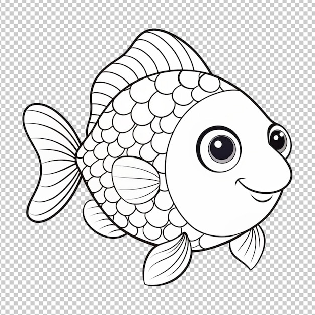 PSD psd of a coloring page outline of cute fish on transparent background