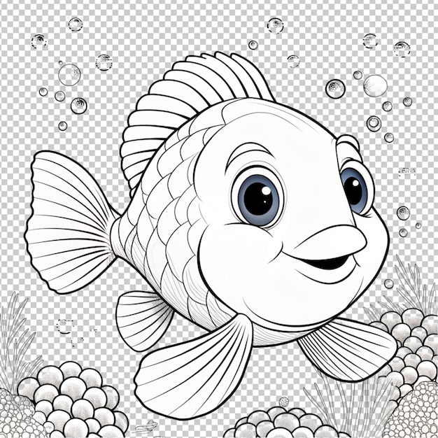 PSD psd of a coloring page outline of cute fish on transparent background