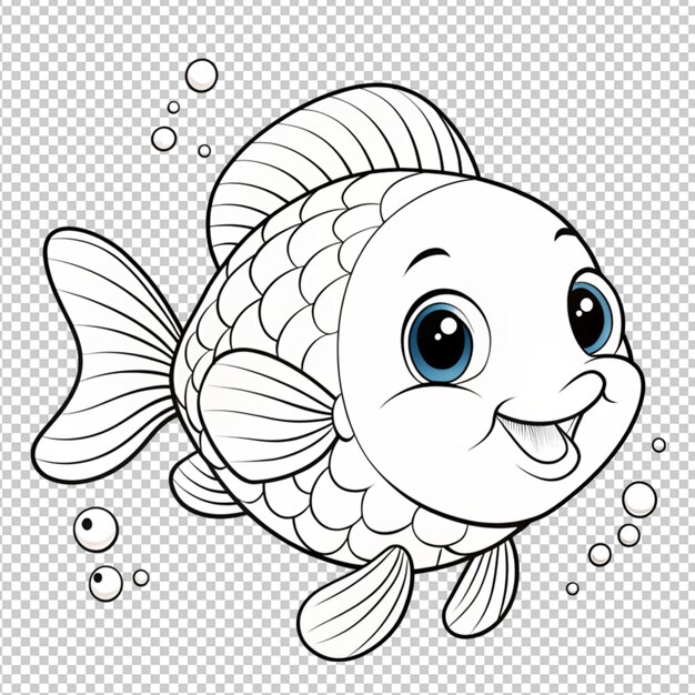 PSD psd of a coloring page outline of cute fish on transparent background