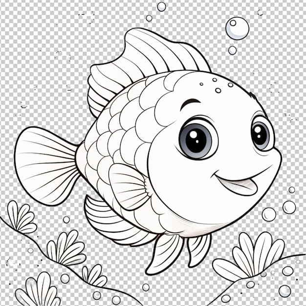 PSD psd of a coloring page outline of cute fish on transparent background