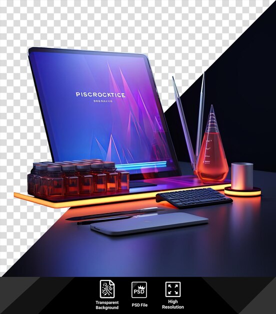 psd computer setup with a laptop keyboard and various bottles on a table