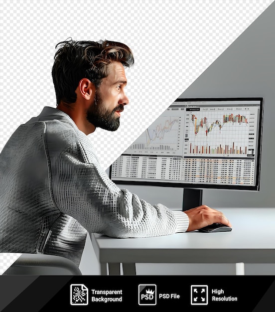 Заинтересованный бизнесмен, который анализирует финансовые диаграммы на мониторе png psd