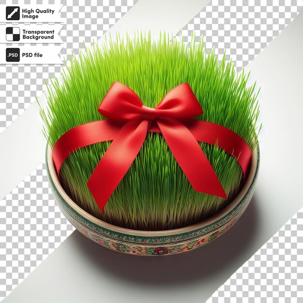 PSD psd congratulazioni per nowruz con un germoglio di erba verde fresco e festivo su un piatto legato con un rosso