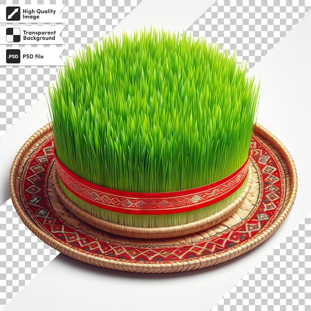 PSD psd поздравляет с новрузом свежей и праздничной зеленой травой на тарелке, привязанной к красной