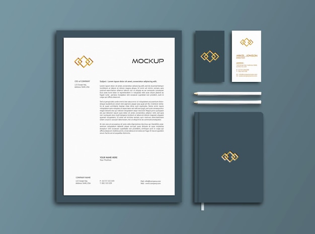 Mockup stazionario aziendale psd con biglietto da visita e mockup