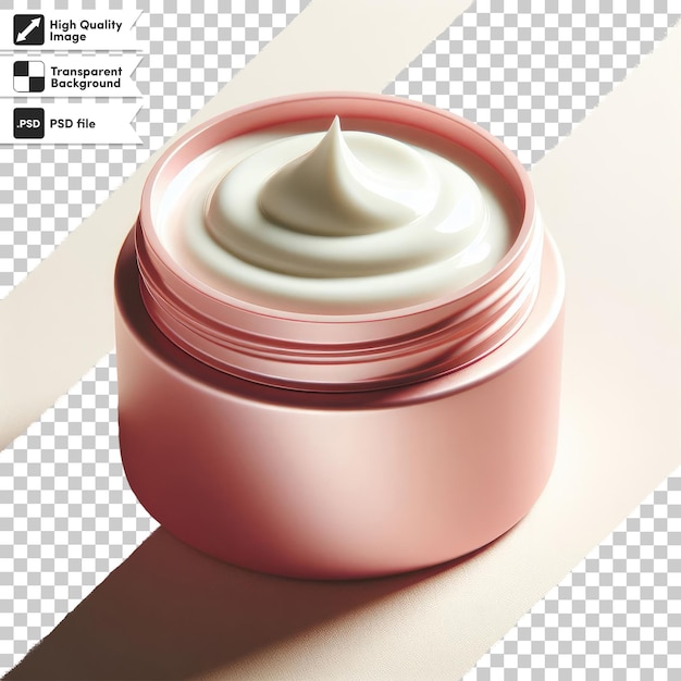 Crema cosmetica psd su barattolo di plastica rosa e fiore su sfondo trasparente con strato di maschera modificabile