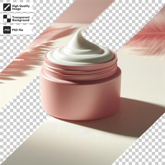 PSD psd cosmetic cream on pink plastic jar and flower on transparent background with editable mask layer