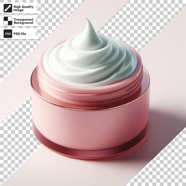 Psd cosmetische crème op roze plastic pot en bloem op doorzichtige achtergrond met bewerkbare maskerlaag