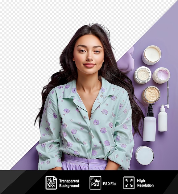 PSD psd cosmetology and beauty products displayed against a purple wall featuring a woman with long brown hair wearing a purple skirt and holding a white bottle with a hand visible in the png