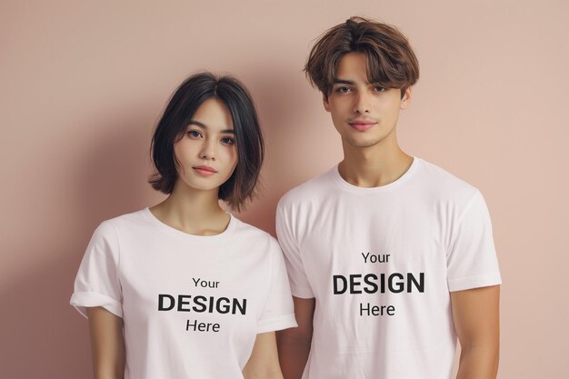 Psd couple matching white t shirt psd mockup perfect for valentines day