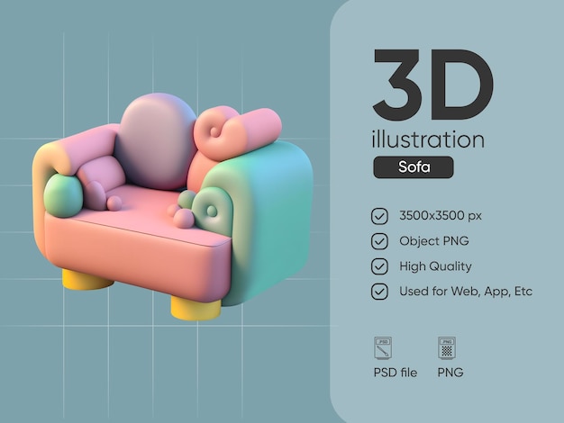 PSD 居心地の良いソファ セット アイコン分離 3 d レンダリング図