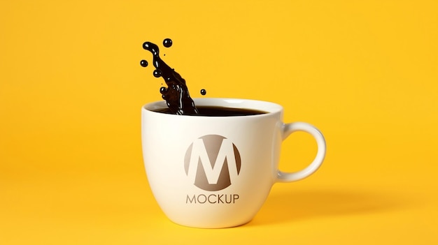 Psd of cup mockup with coffee splash isolated yellow background