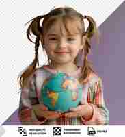 PSD psd curious little girl with pigtails who explores a globe png