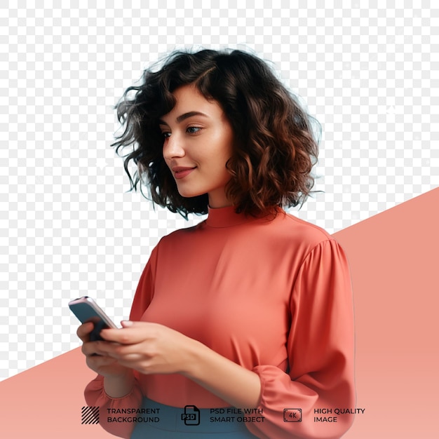 Psd curly girl messaging holding smartphone isolated on transparent background
