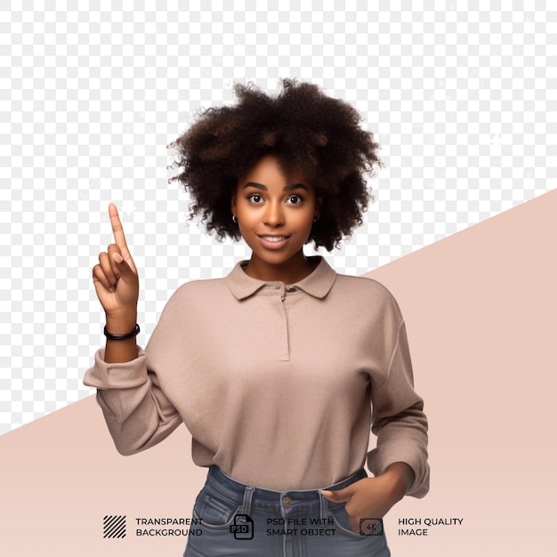 Psd curly haircut pointing at upper isolated on transparent background